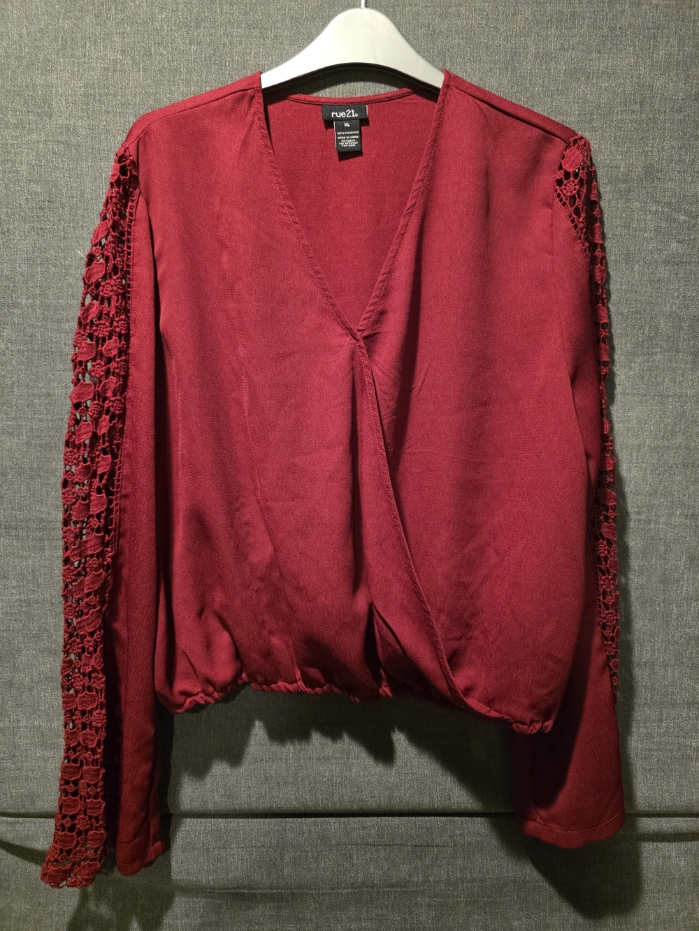Rue 21 Maroon Blouse With Crochet Sleeves Size XL PTP 25 IN. LENGTH 22 IN